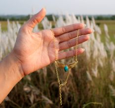 Turquoise gemstone pedant Necklace, Brass 22k gold plated jewelry